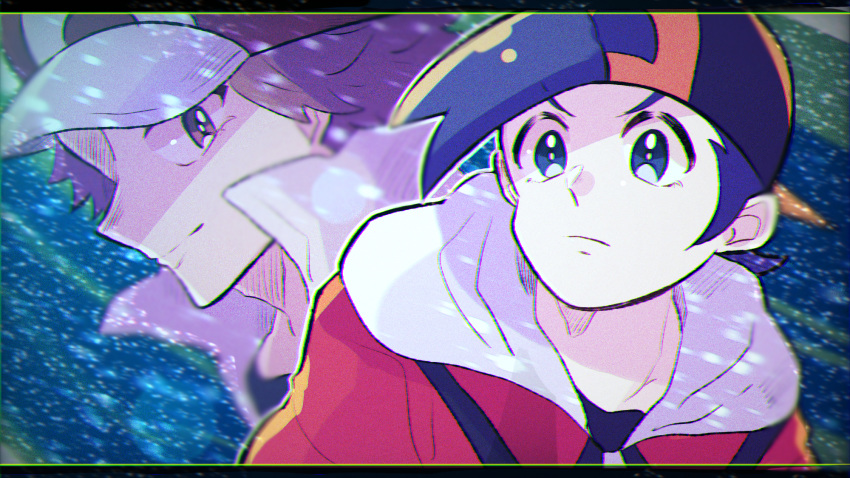 2boys backwards_hat bangs baseball_cap black_hair brown_hair closed_mouth commentary_request ethan_(pokemon) hail hat highres jacket kinu_(kinuhoshizora21) lens_flare looking_to_the_side male_focus multiple_boys pokemon pokemon_(game) pokemon_hgss red_(pokemon)