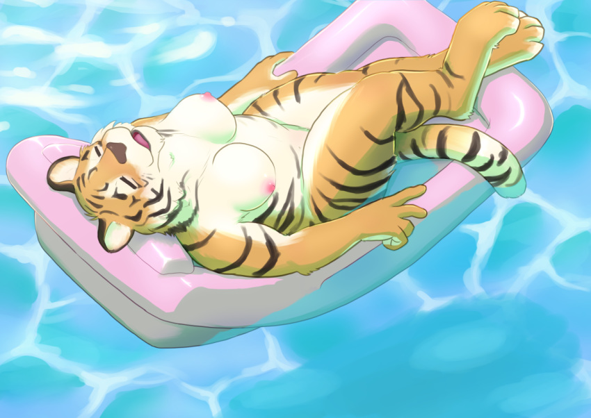 anthro biped breasts eyes_closed felid feline female fur inflatable lying mammal nipples nude on_back pantherine pool_(disambiguation) pool_float pool_toy ryu_masakaze solo striped_body striped_fur striped_tail stripes tiger water