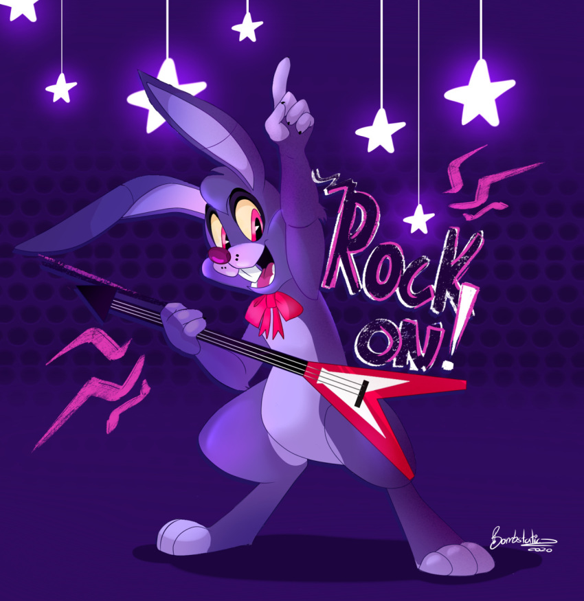 2020 bombstaticz bonnie_(fnaf) bow buckteeth fingers five_nights_at_freddy's fur guitar hair hi_res lagomorph leporid long_ears male mammal musical_instrument open_mouth open_smile plucked_string_instrument purple_body purple_fur purple_hair purple_nose rabbit ribbons signature smile solo standing string_instrument teeth toes tongue video_games