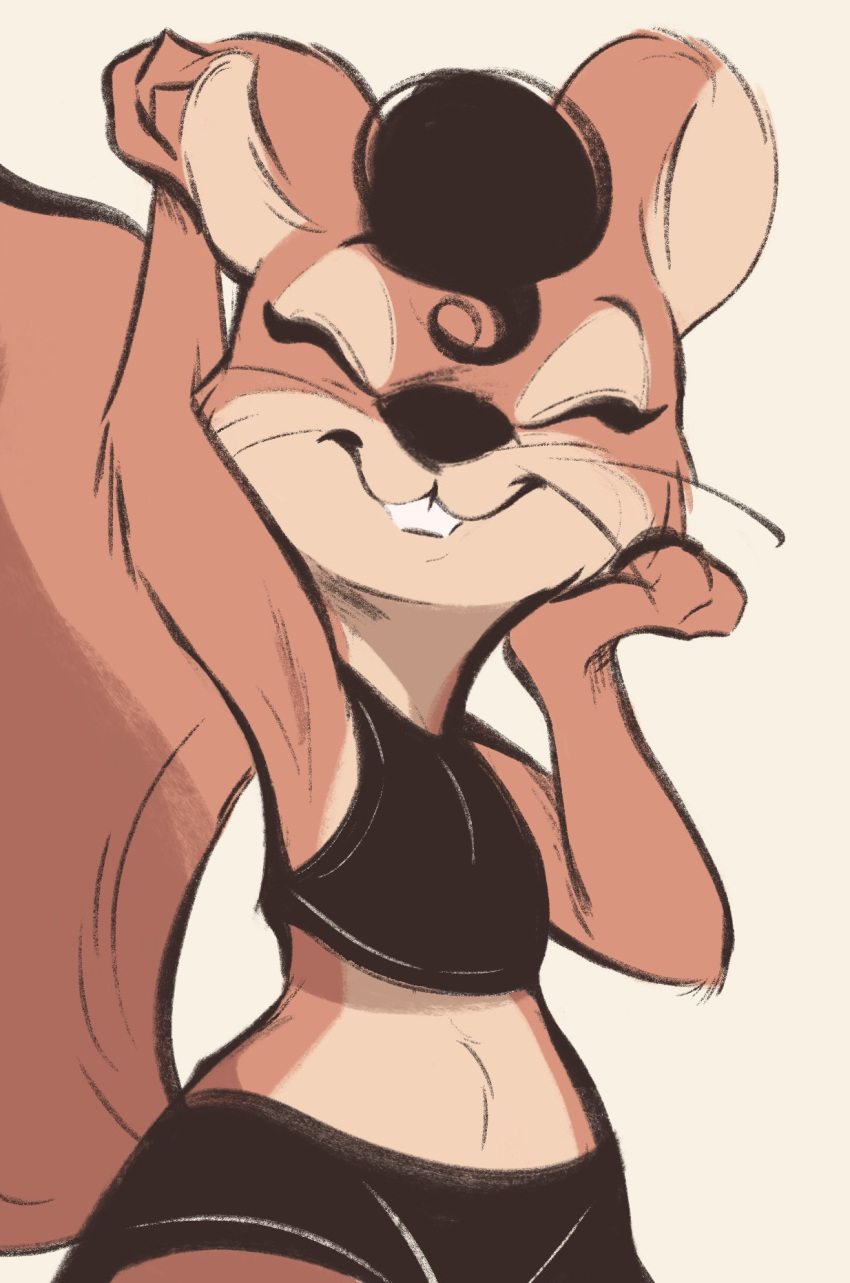 2020 anthro brown_body brown_fur buckteeth clothed clothing crop_top eyes_closed female fully_clothed fur hi_res mammal midriff rodent sciurid shirt simple_background solo tan_background teeth tohupo topwear whiskers