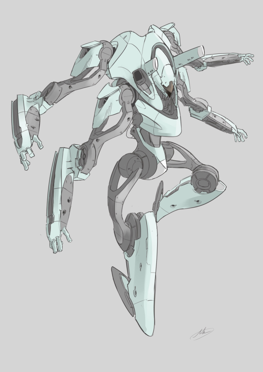 absurdres andrew_leung english_commentary extra_arms floating grey_background highres joints looking_down mecha no_humans open_hands original robot_joints signature visor