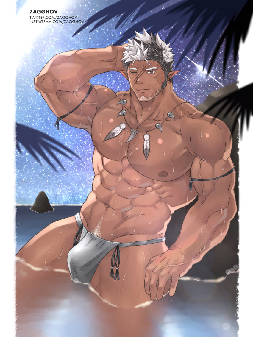 1boy abs absurdres bara bare_chest black_hair bulge chest cowboy_shot facial_hair fundoshi goatee hand_behind_head highres japanese_clothes male_focus manly multicolored_hair muscle navel nipples one_eye_closed short_hair sideburns solo starry_background thick_thighs thighs tokyo_houkago_summoners tooth_necklace two-tone_hair veins water wet white_hair white_tribe zagghov