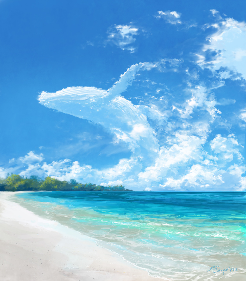 artist_name beach blue_sky cloud flying_whale hachiya_shohei highres no_humans ocean original scenery sky whale