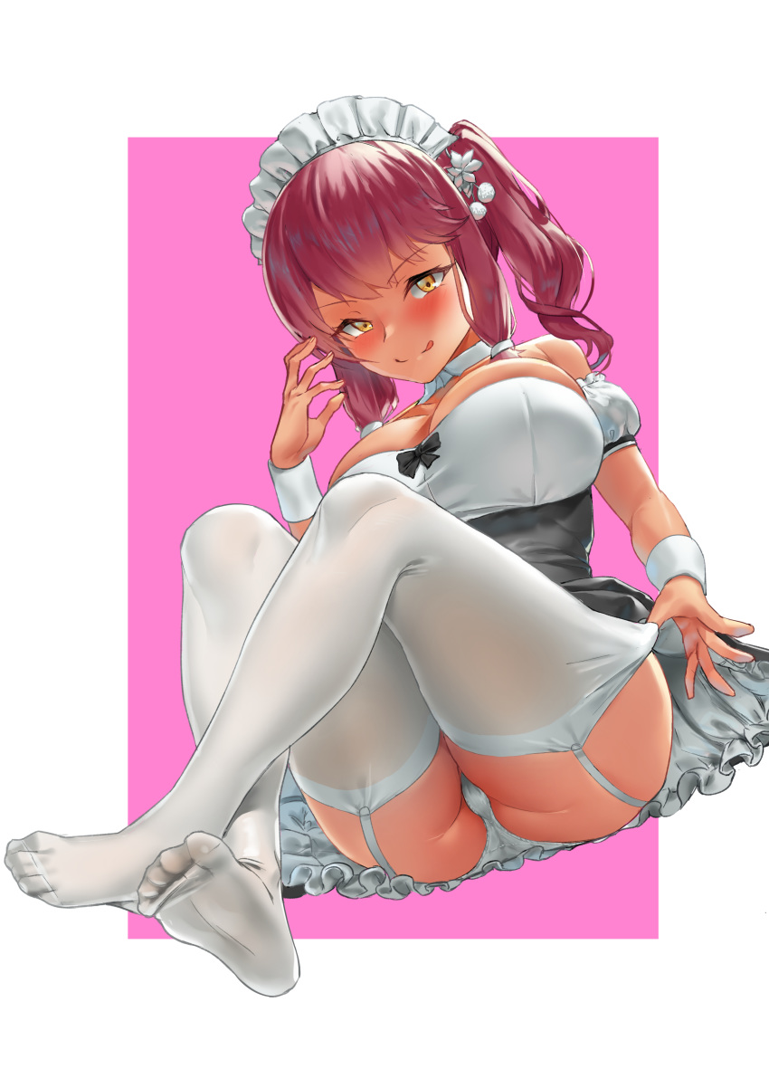 1girl absurdres alternate_costume blush bracer breasts closed_mouth crossed_legs enmaided eyebrows_visible_through_hair girls_frontline hair_ornament highres large_breasts legs long_hair looking_at_viewer maid maid_dress maid_headdress no_shoes panties pantyshot purple_hair saiga-12_(girls_frontline) simple_background sitting smile solo thigh_strap thighhighs thighs tongue tongue_out twintails uleuleuleu underwear white_legwear white_panties yellow_eyes