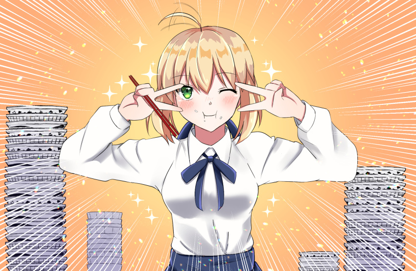 1girl ahoge artoria_pendragon_(all) blonde_hair blue_skirt blush bowl breasts chopsticks double_v fate/grand_order fate/stay_night fate_(series) food food_on_face green_eyes highres medium_breasts rice rice_bowl rice_on_face saber shirt sii_artatm skirt solo v white_shirt