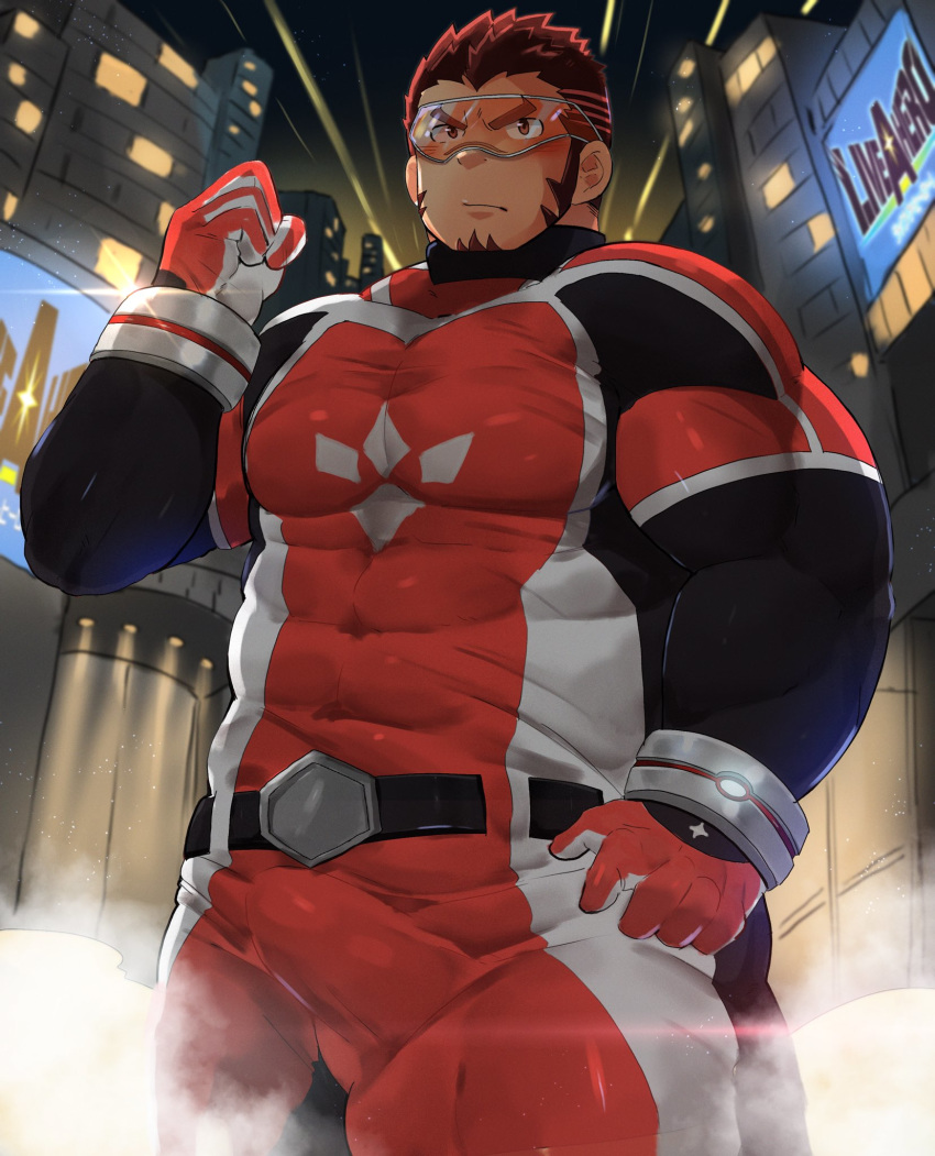 1boy akashi_(live_a_hero) bara belt bodysuit boots bulge chest city covered_abs cowboy_shot date_maki facial_hair gloves gradient_hair highres live_a_hero male_focus manly multicolored_hair muscle red_bodysuit red_eyes red_hair serious short_hair sideburns small_hands solo thick_eyebrows thick_thighs thighs tight