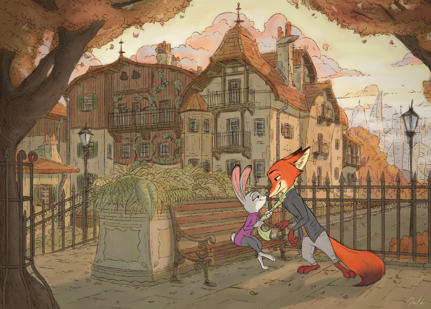 2020 absurd_res amazing_background anthro barefoot bench bottomwear building canid canine city clothed clothing cloud danteslunte day detailed_background dipstick_ears dipstick_tail disney duo eye_contact fence fox fully_clothed fur grey_body grey_fur hi_res judy_hopps lagomorph leaf leporid light lighting looking_at_another mammal multicolored_ears multicolored_tail nick_wilde orange_body orange_fur outside pants rabbit red_fox shadow signature sitting sky standing street_lamp tree window zootopia