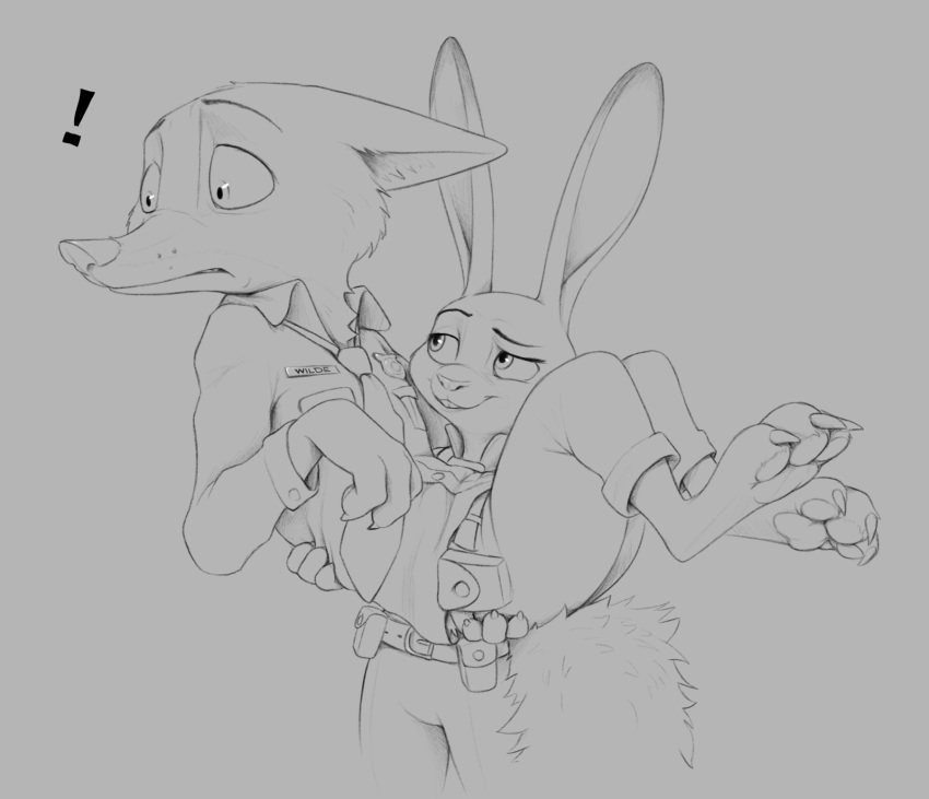 ! 2020 anthro barefoot belt bottomwear bridal_carry canid canine carrying claws clothed clothing disney duo fluffy fluffy_tail fox fully_clothed fur grey_background hi_res judy_hopps lagomorph leporid mammal monochrome necktie nick_wilde pants pawpads police_uniform rabbit red_fox s1m shirt simple_background smile standing toe_claws topwear uniform zootopia