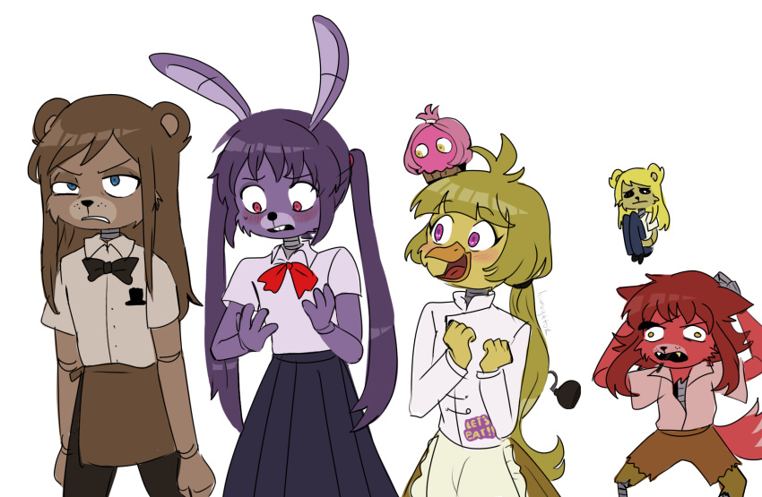 2020 animatronic avian beak bird blonde_hair blue_eyes blush bonnie_(fnaf) bow brown_body brown_fur brown_hair buckteeth canid canine cheek_tuft chica_(fnaf) chicken clothing confusion cosplay cupcake_(fnaf) dress ears_down eyebrows facial_tuft fangs feathers female fingers five_nights_at_freddy's fox foxy_(fnaf) freddy_(fnaf) fur galliform gallus_(genus) girly golden_freddy_(fnaf) hair hi_res himugatok lagomorph leporid long_ears long_hair machine male mammal phasianid pink_hair pivoted_ears ponytail purple_body purple_fur purple_hair rabbit red_body red_fur ribbons robot school_uniform smile teeth tuft uniform ursid video_games yellow_body yellow_feathers yellow_fur