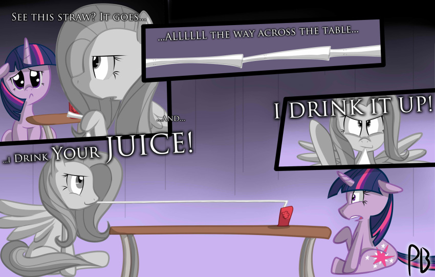 2011 absurd_res comic cutie_mark darkpengi duo english_text equid equine female feral fluttershy_(mlp) friendship_is_magic furniture hair hasbro hi_res horn humor juice_(disambiguation) mammal multicolored_hair my_little_pony parody pegasus purple_eyes purple_hair signature straw table text there_will_be_blood twilight_sparkle_(mlp) unicorn video_games wings