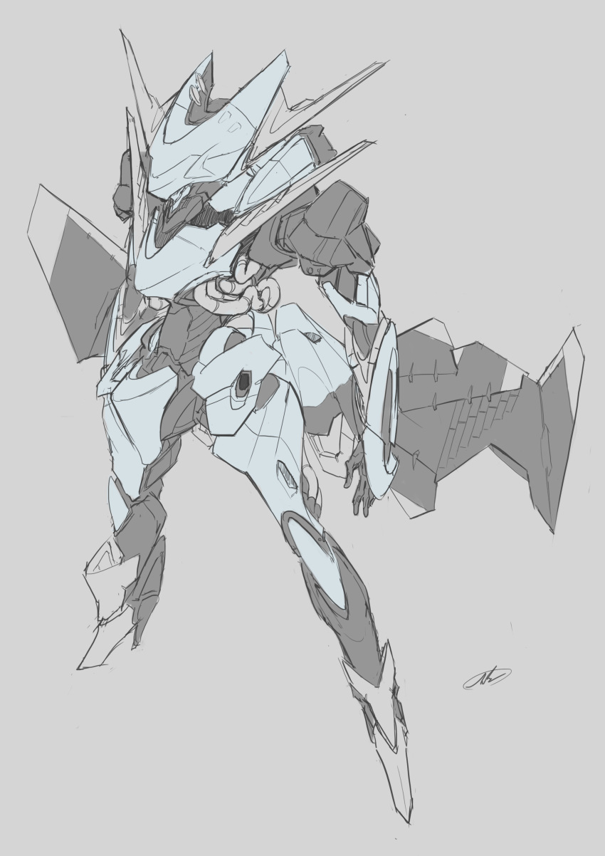 absurdres andrew_leung english_commentary from_above grey_background highres looking_down mecha mechanical_wings no_humans original signature sketch solo standing wings