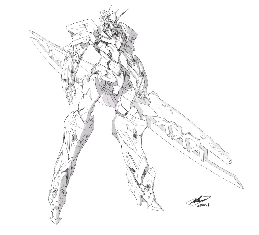 absurdres andrew_leung dated english_commentary highres holding holding_weapon looking_ahead mecha monochrome open_hand original signature sketch solo standing weapon