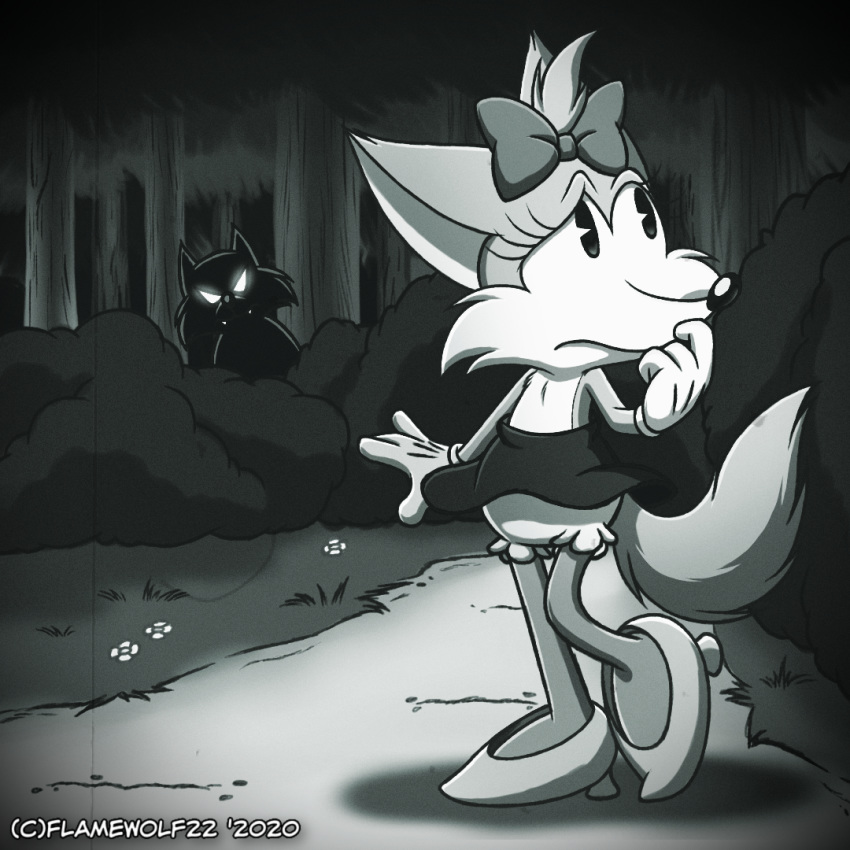 1:1 2020 accessory anthro bloomers bottomwear canid canine canis clothed clothed_female clothing dennie_(flamewolf22) duo female flat_chested fleischer_style_toon footwear forest fox fur gloves glowing glowing_eyes grainy greyscale hair_accessory hair_bow hair_ribbon handwear high_heels mammal monochrome panties ribbons shoes skirt solo_focus toony topless tre_pinkney tree underwear wolf