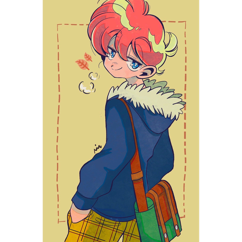 1boy autumn_leaves bag bangs blue_eyes blue_jacket closed_mouth fur_trim hair_between_eyes hands_in_pocket hands_in_pockets highres hood hood_down jacket leaning_back long_sleeves looking_back nui_inu orange_hair original pants plaid plaid_pants school_bag smile solo yellow_pants