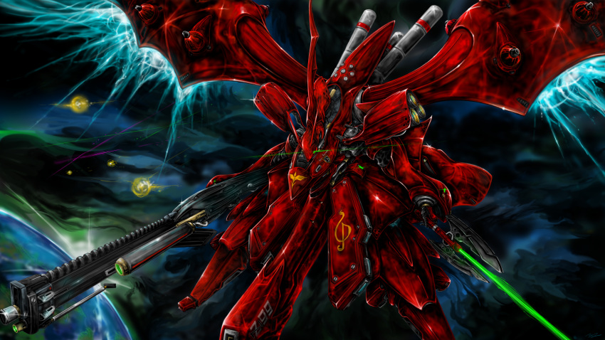absurdres beam_saber char's_counterattack char's_counterattack_-_beltorchika's_children commentary denjyou23 dual_wielding flying glowing glowing_eye green_eyes gun gundam highres holding holding_gun holding_sword holding_weapon looking_down looking_to_the_side mecha nightingale no_humans one-eyed solo space sword weapon zeon
