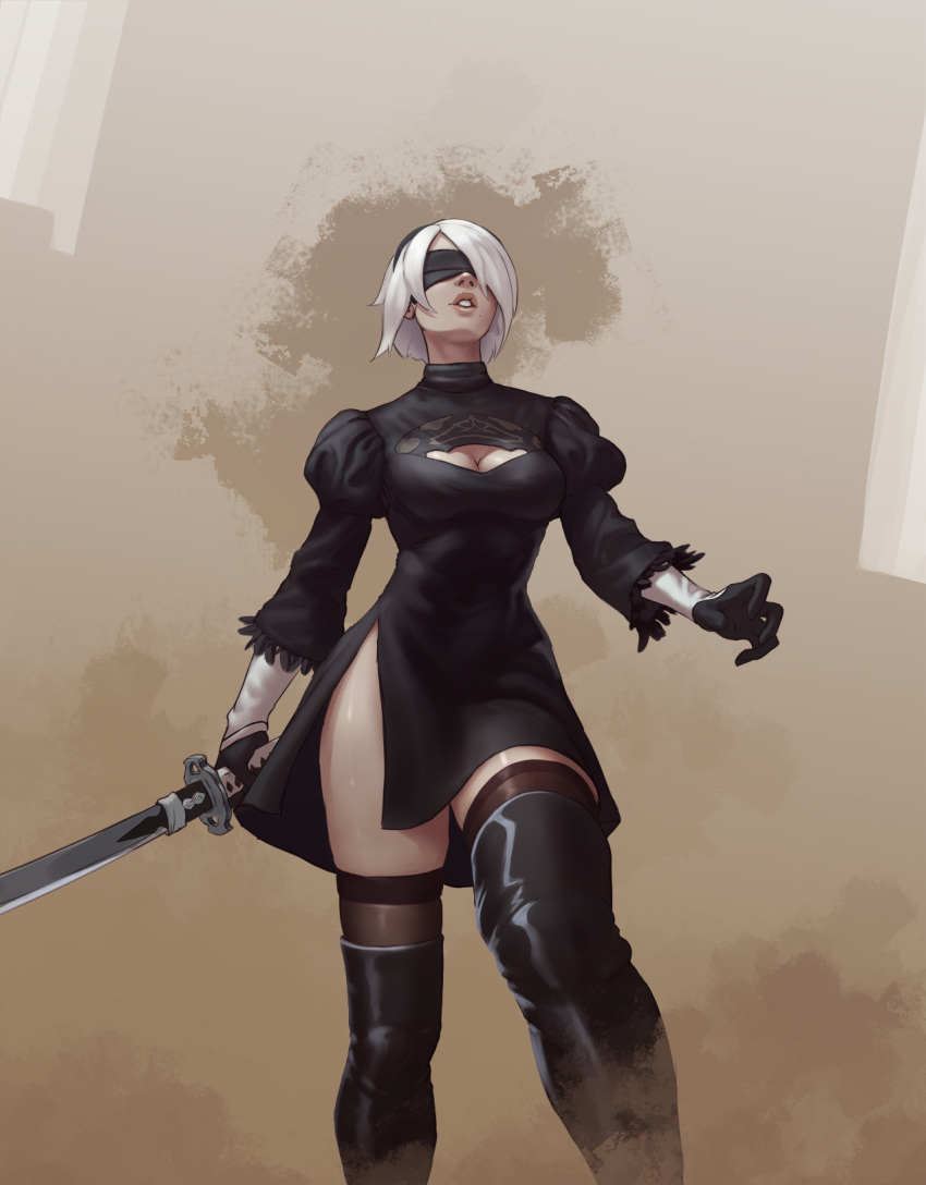 1girl black_blindfold black_dress black_hairband black_legwear blindfold breasts cleavage_cutout clothing_cutout dress feather-trimmed_sleeves feather_trim gloves hairband highres holding holding_sword holding_weapon juliet_sleeves katana lips long_sleeves medium_breasts nanodeath nier_(series) nier_automata puffy_sleeves short_hair silver_hair solo sword thighhighs thighhighs_under_boots weapon yorha_no._2_type_b
