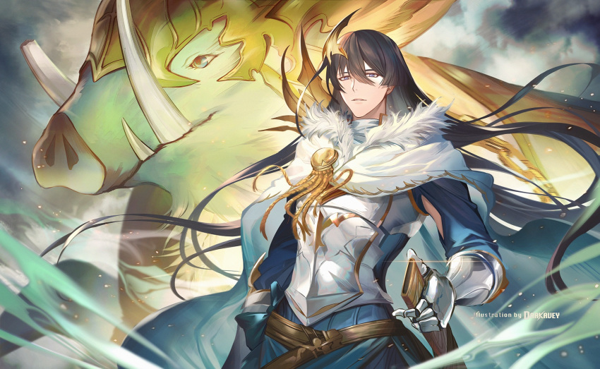 1boy armor artist_name bishounen blue_eyes boar brown_hair cape character_request cowboy_shot creature darkavey fangs fur-trimmed_cape fur_trim gauntlets granblue_fantasy highres long_hair long_sleeves looking_at_viewer male_focus sheath signature tagme very_long_hair