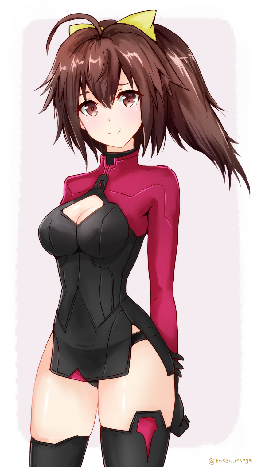 1girl ahoge alice_gear_aegis arm_grab arms_behind_back bangs black_legwear black_panties bow breasts brown_eyes brown_hair cleavage closed_mouth commentary_request dress frame_arms_girl gennai_ao grey_background hair_bow highres latex_dress long_hair long_sleeves looking_at_viewer medium_breasts microdress outside_border panties ponytail rasen_manga red_dress rounded_corners smile solo standing thighhighs twitter_username underwear