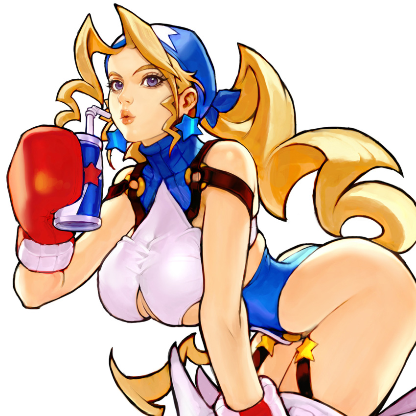 1girl bare_shoulders blonde_hair boxing_gloves breasts can cleavage cropped drinking_straw earrings highres holding holding_can jewelry justice_gakuen kim_sung_hwan long_hair o-ring parted_lips purple_eyes simple_background solo star_(symbol) star_earrings tiffany_lords white_background