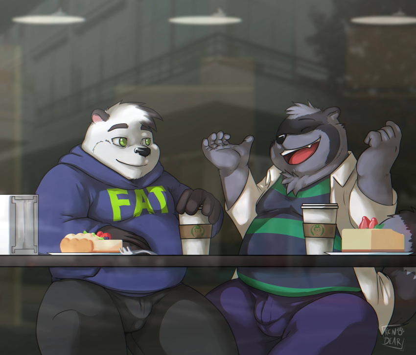 2020 anthro bottomwear bulge clothing duo eyes_closed food fur grey_body grey_fur hi_res hoodie humanoid_hands kenobear male male/male mammal overweight overweight_male pants procyonid raccoon shirt sitting topwear white_body white_fur