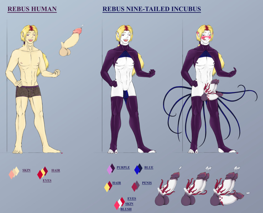 2020 3_penises absurd_res balls biped blonde_hair blue_tail blush bodily_fluids bottomwear clothed clothing color_swatch colored_nails cum cumshot demon digital_drawing_(artwork) digital_media_(artwork) ejaculation english_text erection full-length_portrait genital_fluids genitals hair hi_res human humanoid_genitalia humanoid_penis konani legwear long_hair looking_at_viewer male mammal model_sheet morphable morphable_tentacles multi_genitalia multi_penis multi_tail multicolored_clothing multicolored_hair nails nipples open_mouth open_smile open_toe penis penis_tentacles pink_eyes pink_tentacles ponytail portrait purple_balls purple_nails purple_nipples signature simple_background smile solo standing tentacles text thigh_highs tongue tongue_out topwear translucent translucent_clothing translucent_underwear two_tone_clothing two_tone_hair underwear white_body white_penis white_skin