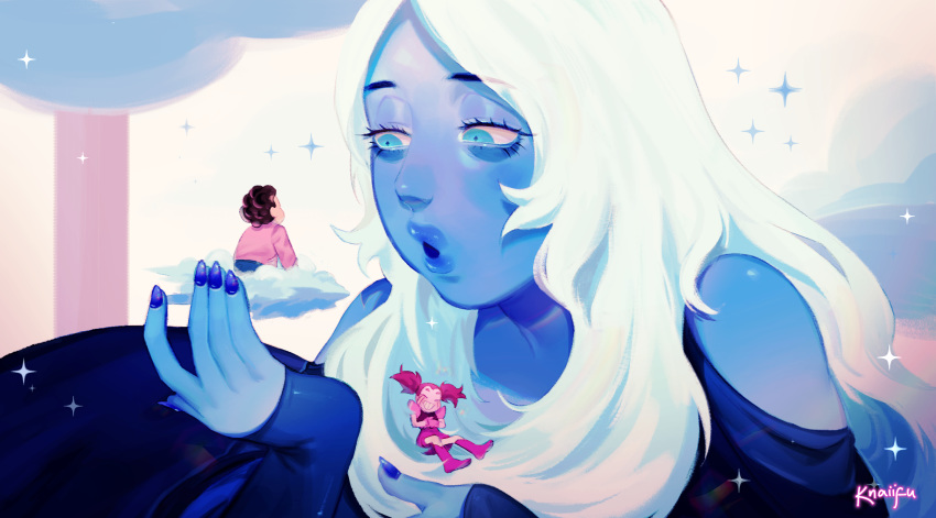 2girls bare_shoulders blue_diamond_(steven_universe) blue_dress blue_eyes blue_hair blue_nails blue_skin blush brown_hair closed_eyes cloud curly_hair dress giantess highres jacket knaiifu long_hair looking_up multiple_girls off_shoulder pants pink_hair pink_skin short_twintails spinel_(steven_universe) steven_quartz_universe steven_universe thick_lips twintails