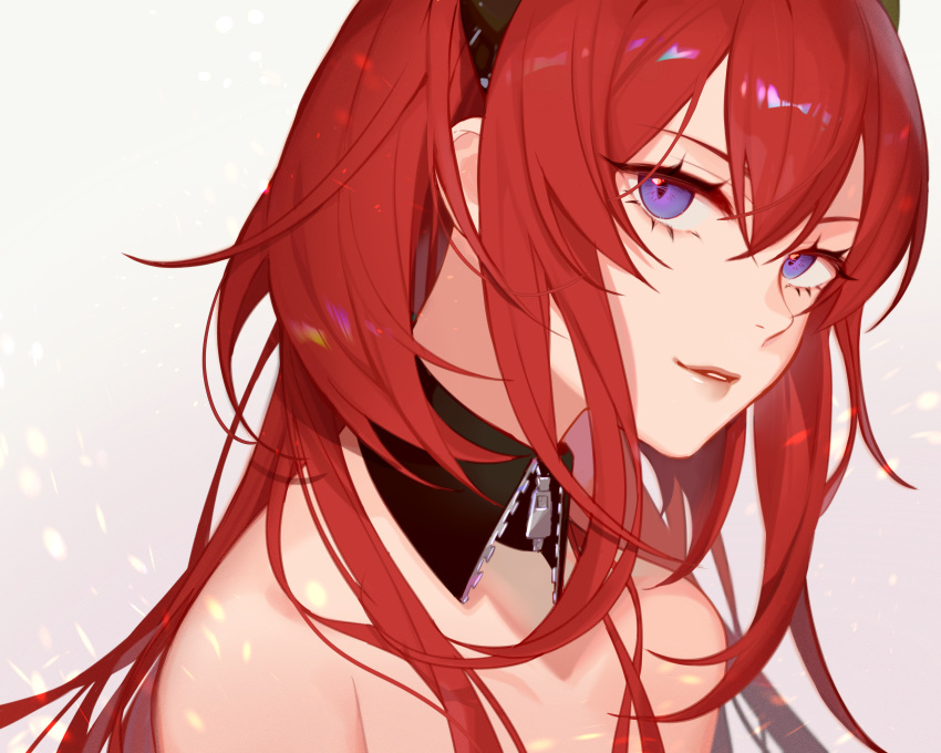 1girl absurdres arknights bangs bare_shoulders commentary detached_collar hair_between_eyes highres huge_filesize jesse_(pixiv34586727) long_hair parted_lips portrait purple_eyes red_hair smile solo surtr_(arknights)