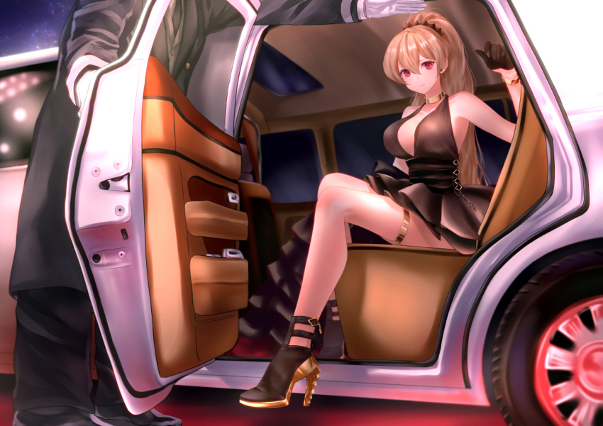 1girl azur_lane breasts brown_gloves brown_hair car cleavage cocktail_dress dress evening_gown gloves gold_bracelet gold_choker ground_vehicle half_gloves halter_dress high_heels jean_bart_(azur_lane) jean_bart_(uninhibited_bloodstone)_(azur_lane) large_breasts long_hair looking_at_viewer mior motor_vehicle pink_eyes ponytail thighlet white_gloves