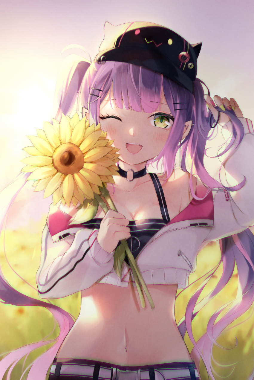 95kazumi absurdres belly belt blurry blurry_background breasts cleavage collarbone field fingernails flower flower_field green_eyes hair_between_eyes hair_ornament hairclip highres hololive jacket long_hair looking_at_viewer navel one_eye_closed open_mouth sunflower tokoyami_towa twintails virtual_youtuber