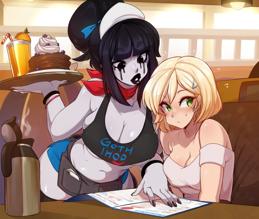 2girls apron bare_shoulders belly black_eyes black_hair black_lipstick black_nails blonde_hair blue_sky blush borrowed_character bracelet breasts bursting_breasts coffee_pot commentary crop_top crossover cup drinking_glass drinking_straw embarrassed employee_uniform english_commentary eyebrows_visible_through_hair femboy_hooters food gothic green_eyes hair_bun ihop jewelry koko_(darknud) large_breasts leaning_forward lips lipstick looking_away love_handles maid_headdress makeup mascara medium_breasts menu merunyaa microskirt muffin_top multiple_girls nail_polish neckerchief no_bra nose_blush off-shoulder_shirt off_shoulder orange_juice original pancake puckered_lips runny_makeup sammy_(bestsammy) shirt short_hair sidelocks skindentation skirt sky thighhighs tray underboob uniform waist_apron waitress zettai_ryouiki