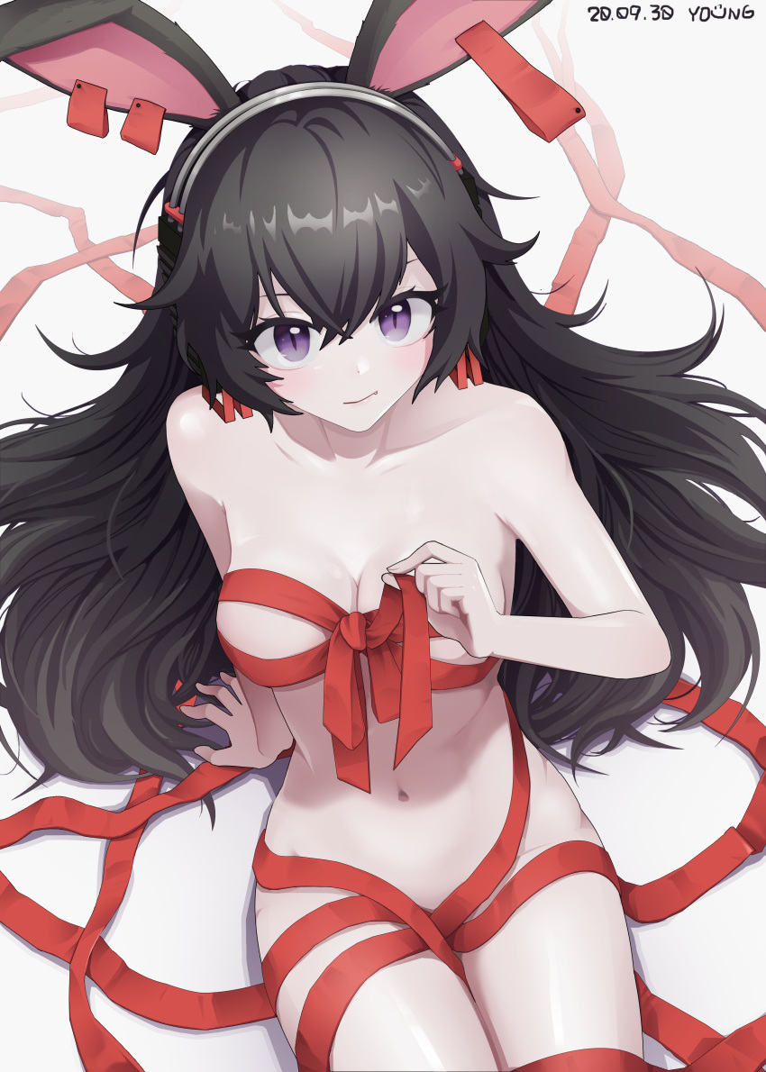 1girl 722_(tsk02324) absurdres animal_ears april_(arknights) arknights arm_support bangs black_hair breasts bunny_ears collarbone commentary cowboy_shot dated fang fang_out grey_background hair_between_eyes highres long_hair looking_at_viewer medium_breasts naked_ribbon navel nude purple_eyes red_ribbon ribbon simple_background solo stomach thighs