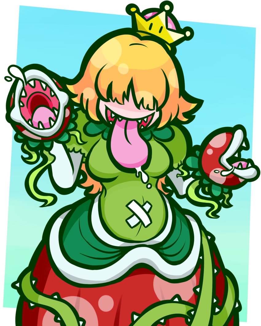 1girl :d bangs belly blonde_hair blue_background border breasts commentary_request covered_eyes crown dress facing_viewer flipped_hair gradient gradient_background green_background green_dress hair_over_eyes highres kafuka5364 long_hair long_tongue mario_(series) medium_breasts mini_crown multicolored multicolored_background new_super_mario_bros._u_deluxe open_mouth outside_border piranha_plant plant polka_dot_hair polka_dot_skirt princess_piranha_plant puffy_short_sleeves puffy_sleeves red_skirt saliva shaded_face sharp_teeth short_sleeves simple_background skirt smile solo super_crown teeth thorns tongue tongue_out vines white_border