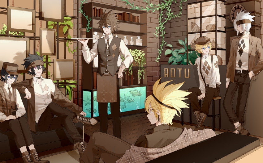 6+boys animal aotu_world belt black_hair blonde_hair blue_eyes blush book bookshelf brown_footwear brown_hair brown_headband brown_headwear brown_neckwear chair clear_regulus clock closed_mouth couch crossed_legs cup drinking_straw earrings fish fish_tank frame hair_between_eyes hand_in_pocket hat headband holding holding_plate indoors jewelry leaning looking_at_another looking_at_viewer looking_back male_focus multiple_boys necktie off_shoulder open_mouth plant plate pointy_ears potted_plant purple_eyes shell single_earring sitting smile standing starfish vines waiter water white_hair wooden_floor yellow_eyes