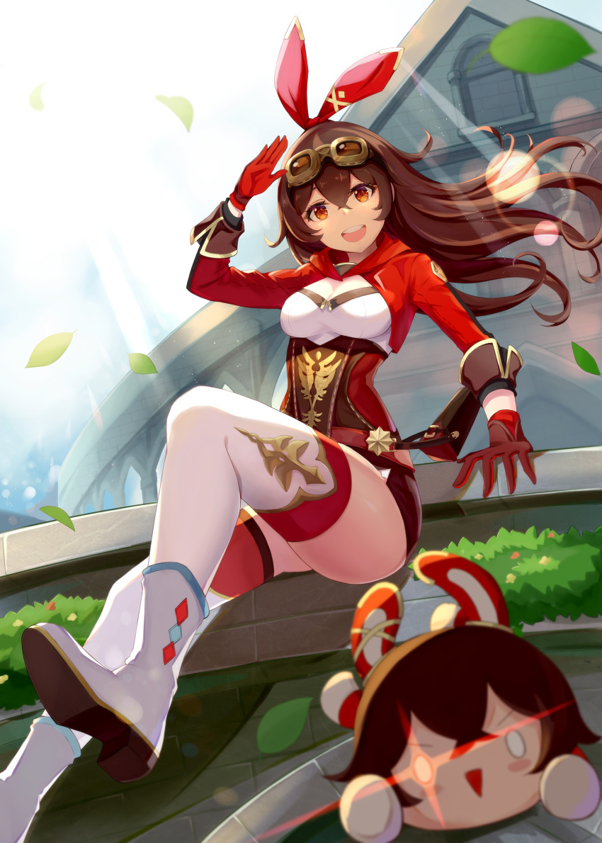 1girl absurdres amber_(genshin_impact) boots bow breasts brown_eyes brown_hair brown_shorts cleavage full_body genshin_impact gloves hair_bow hair_ornament highres long_hair looking_at_viewer open_mouth short_shorts shorts sitting smile solo sparkling_eyes thighhighs youmi_kong_xiang