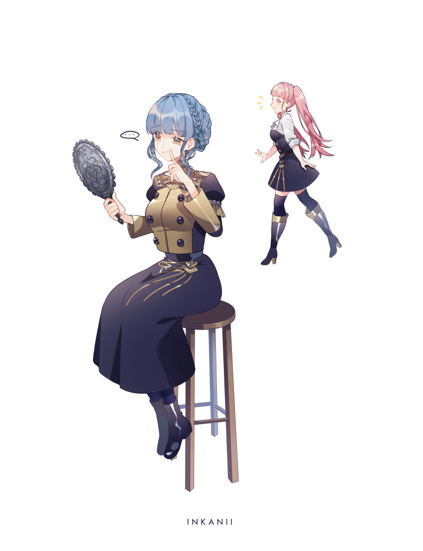 ... 2girls absurdres artist_name blue_hair blue_legwear boots braid brown_eyes crown_braid fingersmile fire_emblem fire_emblem:_three_houses from_side garreg_mach_monastery_uniform hand_mirror high_heel_boots high_heels highres hilda_valentine_goneril holding inkanii long_hair long_sleeves marianne_von_edmund mirror multiple_girls pink_eyes pink_hair simple_background sitting spoken_ellipsis stool twintails uniform white_background