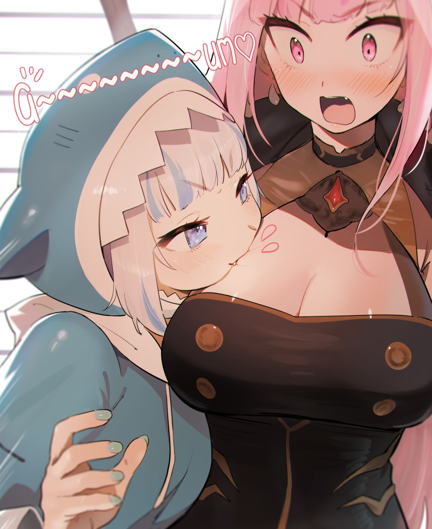 2girls absurdres bangs biting black_dress blue_eyes blue_hair blue_hoodie blunt_bangs blush breast_biting breasts cleavage dress earrings eyebrows_visible_through_hair fang gawr_gura heart highres hololive hololive_english hood jewelry large_breasts long_hair long_sleeves mori_calliope multicolored_hair multiple_girls open_mouth pink_eyes pink_hair shark_girl shark_hood shazhiqiao streaked_hair upper_body virtual_youtuber white_hair yuri