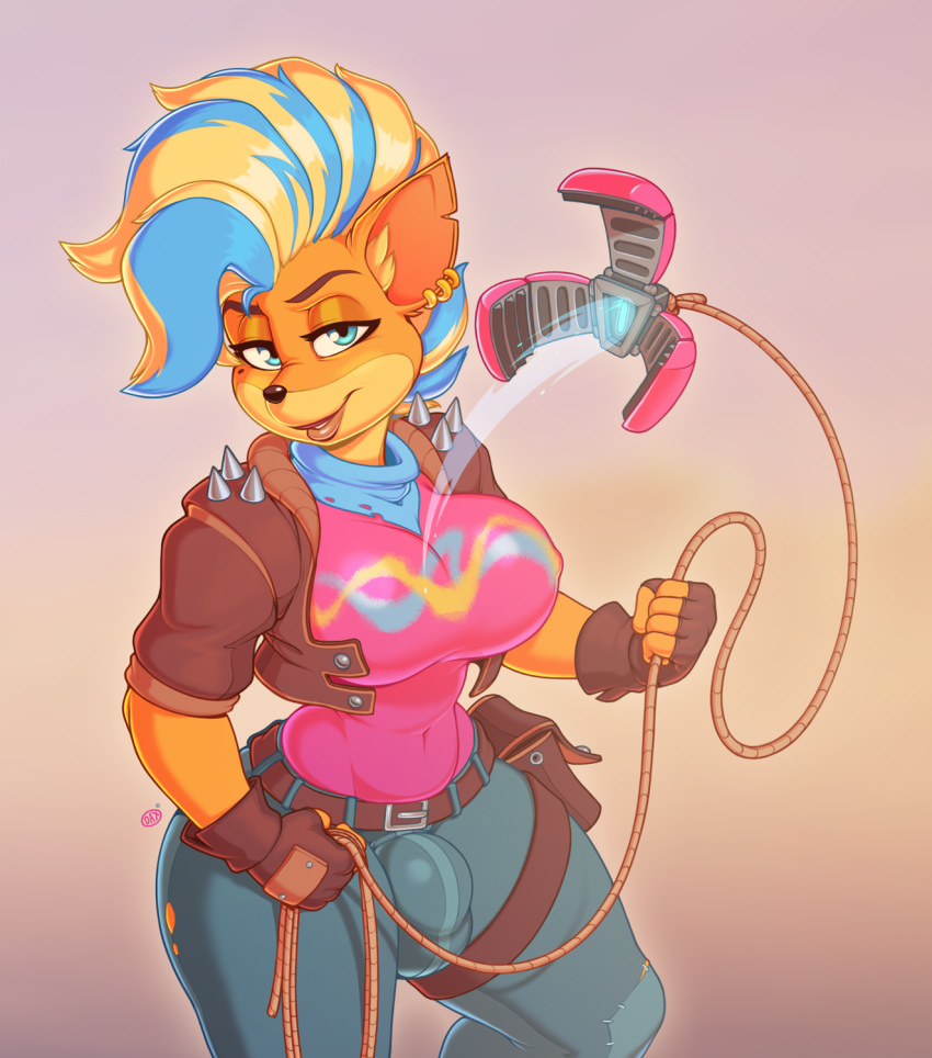 2020 activision anthro bandicoot belt big_breasts big_bulge black_nose blonde_hair blue_eyes blue_hair bottomwear breasts bulge clothing crash_bandicoot_(series) crossgender daxzor denim denim_clothing digital_media_(artwork) ear_piercing ear_ring fingerless_gloves ftg_crossgender fti_crossgender gloves gradient_background gynomorph hair handwear hi_res inner_ear_fluff intersex jacket jeans leather leather_jacket looking_at_viewer mammal marsupial multicolored_hair orange_body pants piercing pirate_tawna rope shirt signature simple_background solo tawna_bandicoot technology thick_thighs topwear tuft two_tone_hair video_games