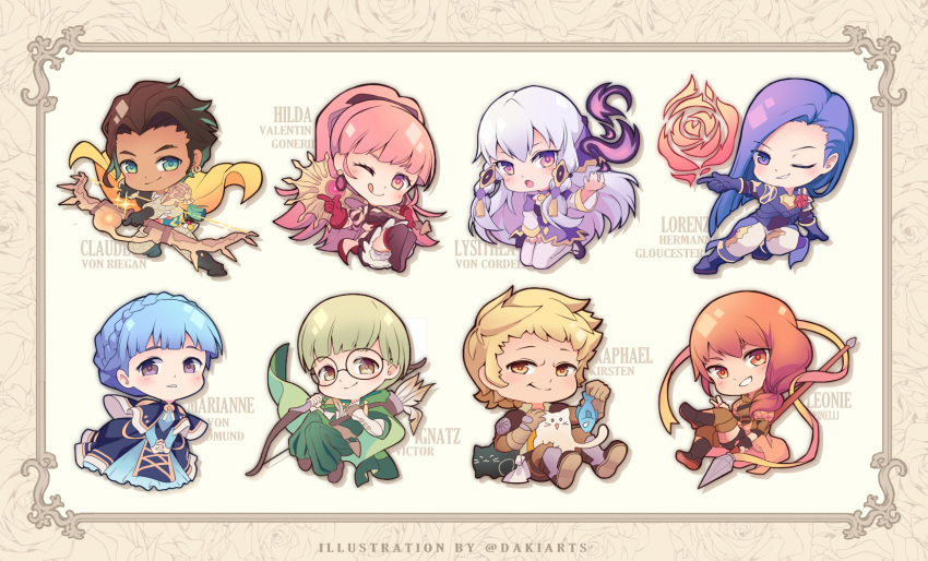 4boys 4girls :q axe blonde_hair blue_hair boots bow_(weapon) braid brown_eyes brown_hair cape cat character_name chibi claude_von_riegan crown_braid dakiarts dark_skin dark_skinned_male dress earrings fire_emblem fire_emblem:_three_houses fish freikugel_(weapon) glasses gloves green_eyes green_hair grin hair_ornament highres hilda_valentine_goneril holding holding_axe holding_bow_(weapon) holding_weapon ignatz_victor jewelry leonie_pinelli long_hair long_sleeves lorenz_hellman_gloucester lysithea_von_ordelia marianne_von_edmund multiple_boys multiple_girls one_eye_closed orange_eyes orange_hair pink_eyes pink_hair polearm ponytail purple_eyes purple_hair quiver raphael_kirsten red_gloves short_hair sitting smile tongue tongue_out twitter_username weapon white_hair white_legwear yellow_cape