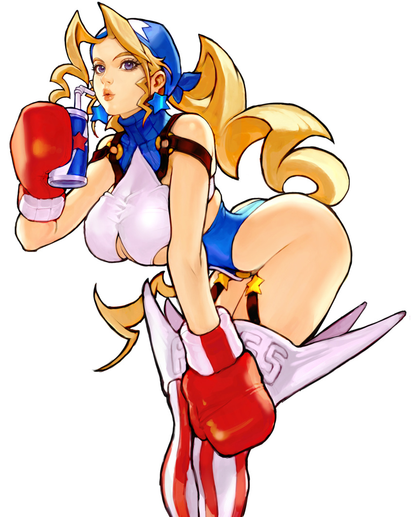 1girl absurdres bare_shoulders blonde_hair boxing_gloves breasts can cleavage drinking_straw earrings highres holding holding_can jewelry justice_gakuen kim_sung_hwan long_hair o-ring parted_lips purple_eyes simple_background solo star_(symbol) star_earrings striped striped_legwear tiffany_lords white_background