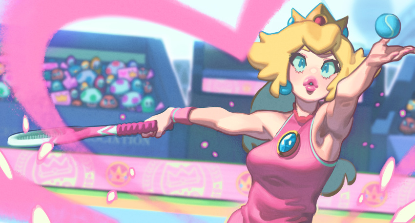 1girl armpits ball blonde_hair blue_eyes blurry brooch brown_hair crowd crown depth_of_field gloss goomba highres jewelry mario_(series) mario_tennis mini_crown outstretched_arms princess_peach racket shy_guy sleeveless solo_focus tennis_ball tennis_racket toad upper_body wristband