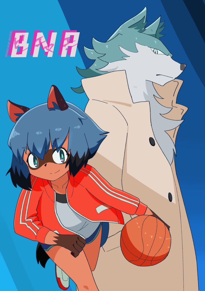 2020 absurd_res anthro ball basketball_(ball) blue_body blue_eyes blue_fur blue_hair brand_new_animal brown_body brown_fur canid canine canis clothed clothing coat duo facial_markings female fluffy fluffy_tail fur gloves_(marking) hair head_markings hi_res jacket male mammal markings mask_(marking) michiru_kagemori multicolored_body multicolored_fur multicolored_hair raccoon_dog sanm_sk shirou_ogami studio_trigger tanuki topwear white_body white_fur wolf