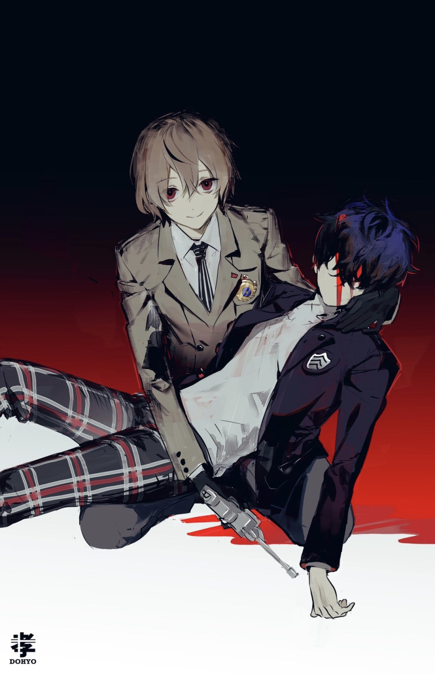 2boys akechi_gorou amamiya_ren badge black_gloves black_hair black_neckwear blood blood_on_face brown_hair dohyo123123 faceless gloves gun hair_between_eyes highres holding holding_gun holding_weapon jacket male_focus multiple_boys necktie pants persona persona_5 plaid plaid_pants red_eyes school_uniform shuujin_academy_uniform signature smile weapon