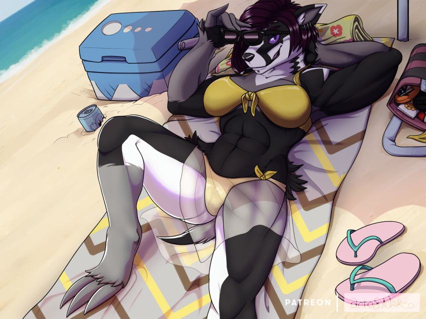 2020 4:3 abs anthro beach big_breasts breasts clothing conditional_dnp female genitals grin looking_at_viewer muscular muscular_anthro muscular_female nakoo nintendo obstagoon pok&eacute;mon pok&eacute;mon_(species) seaside smile solo thick_thighs video_games