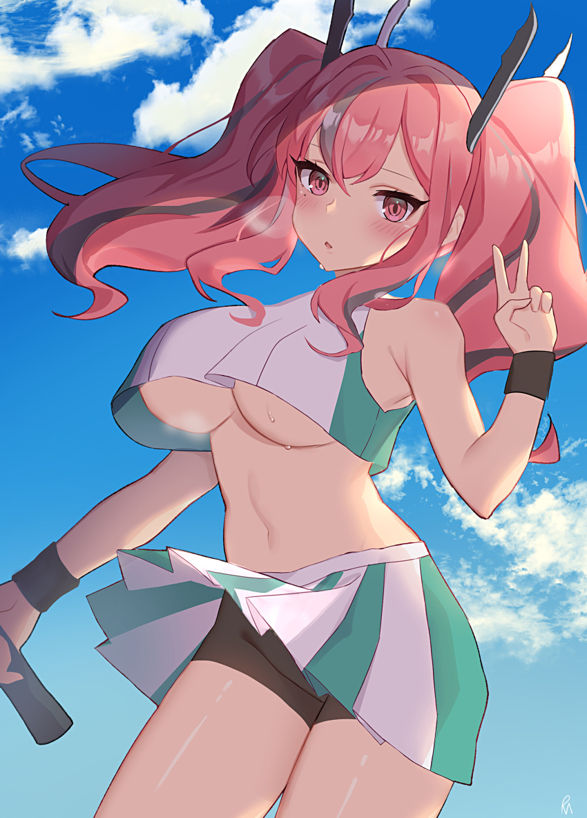 1girl absurdres azur_lane bike_shorts black_shorts blue_sky blush breasts bremerton_(azur_lane) bremerton_(scorching-hot_training)_(azur_lane) cloud crop_top crop_top_overhang day highres holding holding_racket large_breasts long_hair looking_at_viewer midriff mole mole_under_eye multicolored_hair navel outdoors pink_eyes pink_hair pn_(wnsl216) racket shirt shorts shorts_under_skirt sky sleeveless sleeveless_shirt solo sportswear streaked_hair sweat sweatband symbol_commentary tennis_racket tennis_uniform twintails two-tone_shirt two-tone_skirt underboob v wristband