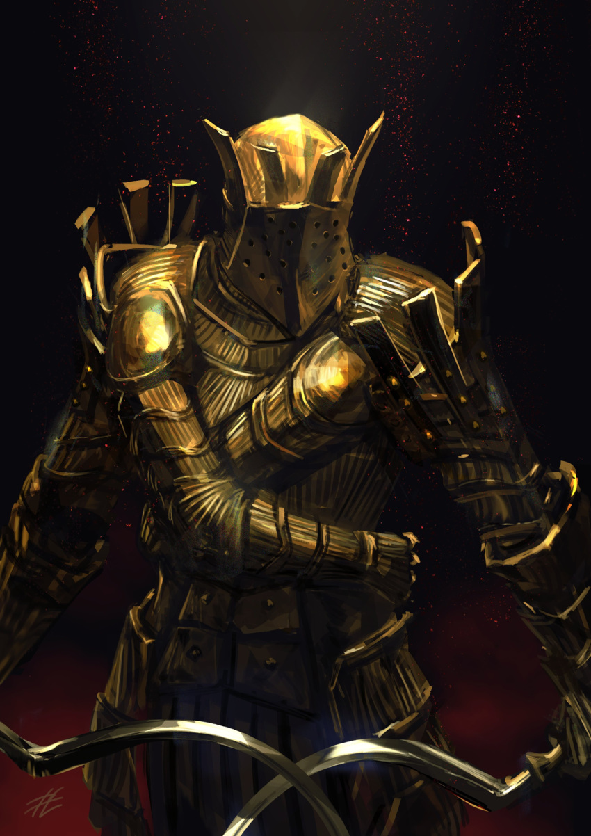 1boy armor black_background breastplate cowboy_shot dark_souls dual_wielding facing_viewer faulds full_armor gauntlets gold_armor helmet highres holding holding_weapon knight knight_lautrec_of_carim light_particles male_focus mrpk red_background shotel shoulder_armor signature solo souls_(from_software) spaulders standing sword two-tone_background weapon