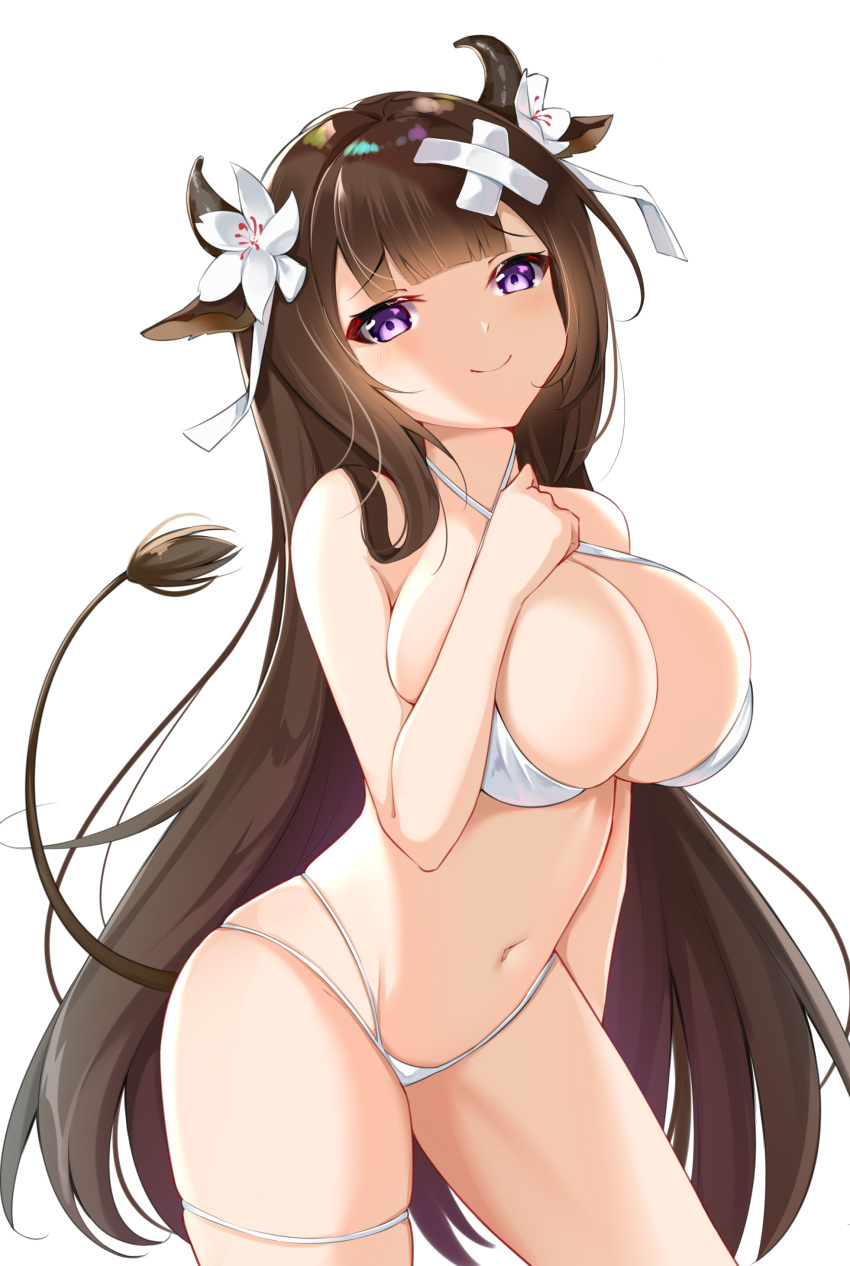 1girl absurdres animal_ears azur_lane bangs bare_arms bare_shoulders bikini blunt_bangs blush breasts brown_hair cleavage closed_mouth collarbone commentary_request contrapposto cow cow_ears cow_horns cowboy_shot criss-cross_halter eyebrows_visible_through_hair flower hair_flower hair_ornament hair_ribbon halterneck hand_up highres horns huge_breasts kashino_(after-bath_pleasure)_(azur_lane) kashino_(azur_lane) large_breasts long_hair looking_at_viewer multi-strapped_bikini navel purple_eyes revision ribbon simple_background skindentation smile solo stomach swimsuit tail thighs tming very_long_hair white_background white_bikini white_flower white_ribbon