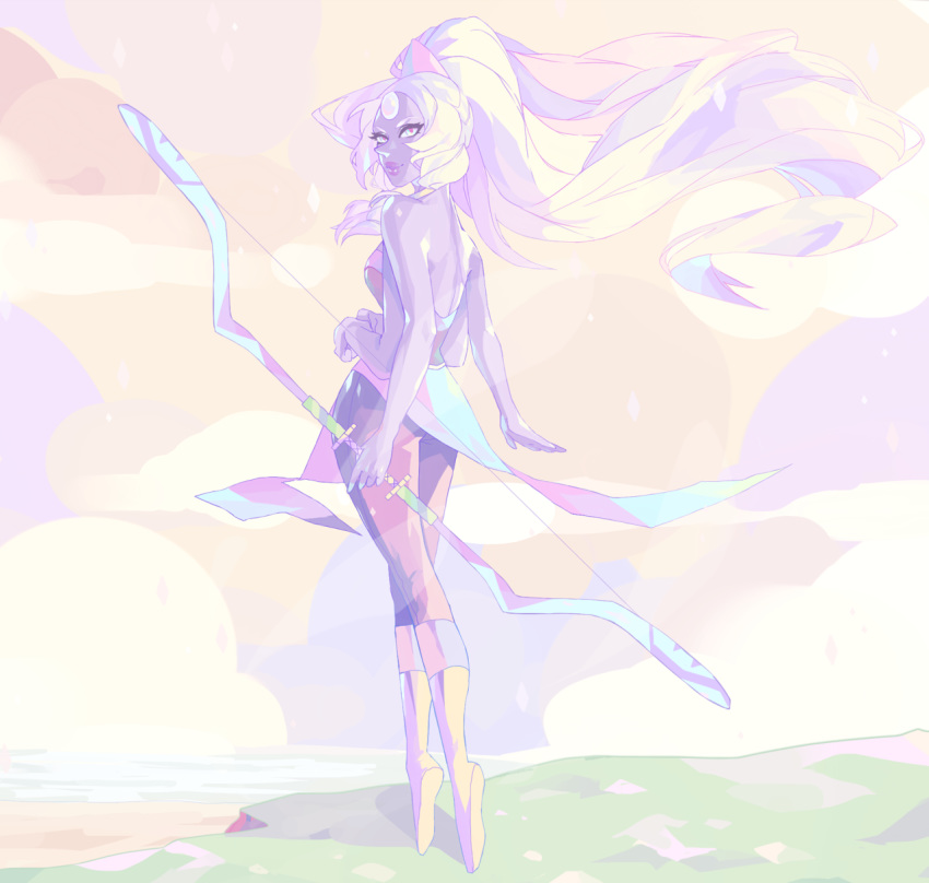 1girl bare_shoulders bow breasts cliff cloud four_arms gem giantess highres holding holding_weapon looking_back ocean opal_(steven_universe) purple_skin smile solo steven_universe vonnabeee weapon yellow_footwear