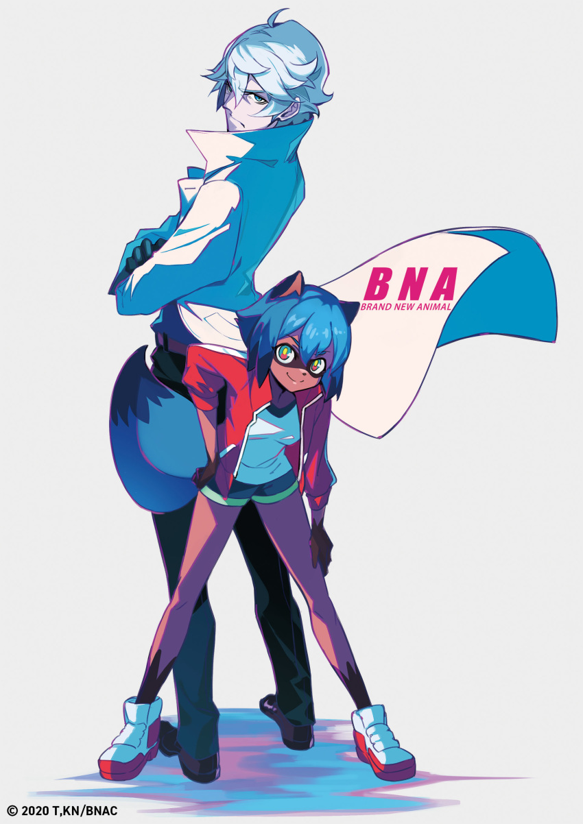 2020 absurd_res anthro black_nose blue_body blue_eyes blue_fur blue_hair bottomwear brand_new_animal breasts brown_body brown_fur canid canine clothed clothing coat facial_markings female fluffy fluffy_tail footwear fur gloves_(marking) hair hand_on_hip head_markings hi_res human jacket looking_at_viewer male mammal markings mask_(marking) michiru_kagemori multicolored_body multicolored_fur multicolored_hair pokimari raccoon_dog shirou_ogami shoes shorts simple_background smile standing studio_trigger tanuki topwear white_background