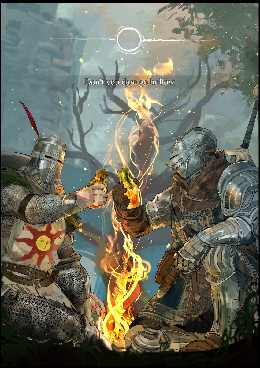 1boy 1other armor bare_tree brown_capelet brown_gloves chosen_undead claymore_(sword) dark_souls embers english_text estus_flask fire flame full_armor gauntlets gloves greatsword greaves hand_up helmet highres holding_flask knee_up knight looking_at_another nslacka outdoors pauldrons planted_sword planted_weapon pouch shield shoulder_armor single_gauntlet single_glove sitting solaire_of_astora souls_(from_software) sun_(symbol) surcoat sword toast_(gesture) tree weapon weapon_on_back