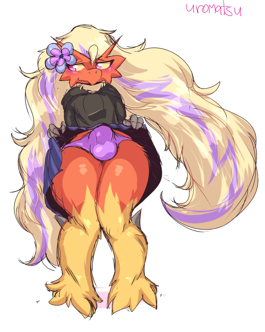 2020 4:5 absurd_res accessory anthro balls_outline blaziken blonde_hair bottomwear bulge clothed clothing clothing_lift crossdressing fan_character flower flower_in_hair front_view fur genital_outline girly hair hair_accessory hi_res long_hair looking_away male multicolored_body multicolored_fur nintendo panties penis_outline plant pok&eacute;mon pok&eacute;mon_(species) purple_eyes racha_(otterjunk) red_body red_fur simple_background skirt skirt_lift solo standing thick_thighs two_tone_body two_tone_fur underwear uromatsu video_games white_background yellow_body yellow_fur yellow_sclera